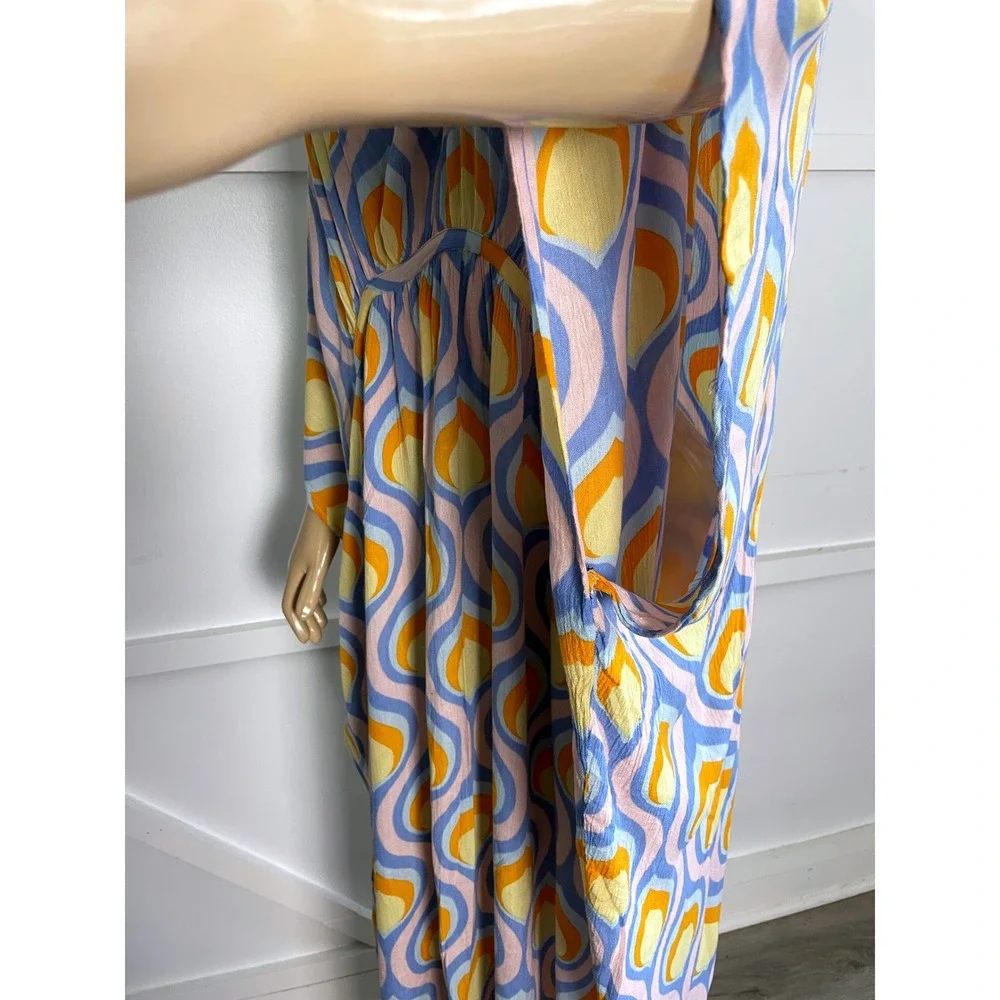 Free People Kaftan Maxi Dress Retro Geometric Print Blue Orange V-Neck OS